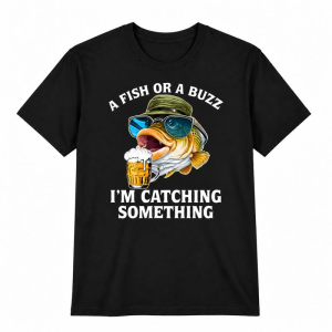 A Fish Or A Buzz I'm Catching Something Fishing Beer Graphic Tee, Humorous Cartoon Fisherman Shirt for Men Adults Fishing Lovers, Short Sleeve Printed T-Shirt for Camping Fishing Trips