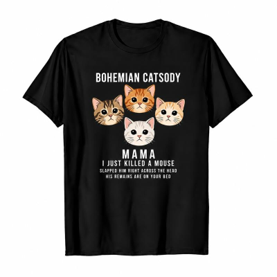 Bohemian Catsody Funny Cat Parody Graphic Tee, Cute Music Song Pun Humor Shirt for Women Men Cat Lovers Cat Moms Dads, Short Sleeve Printed T-Shirt