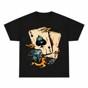 Ace of Spades Dice Flame Poker Graphic Tee, Vintage Tattoo Style for Men Poker Casino Lovers, Short Sleeve Printed T-Shirt for Game Night Daily Wear