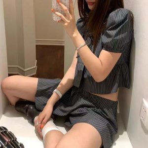 Proportional sweetheart Niche retro striped lace-up puff sleeve short sleeve shirt skirt pants