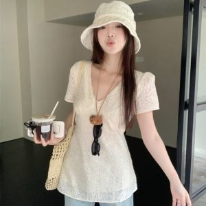Real shot~collar hollow embroidered lace cotton shirt women's mid-length waist-length sleeveless layered top