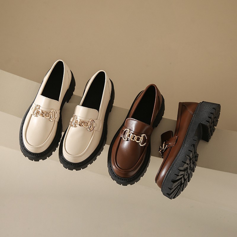 Large size women's shoes British style black retro leather shoes spring and autumn shoes thick sole single shoes