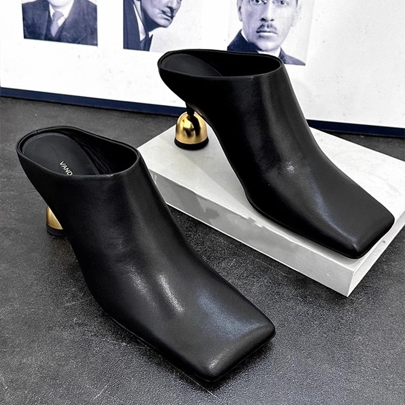 Baotou slippers square toe special heel solid color high heels elegant fashionable simple small height-enhancing shoes for women