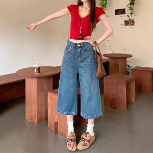Real shot ~ loose wide-leg 7-cropped jeans for women in summer high waist relaxed lazy windbreaker pants medium pants