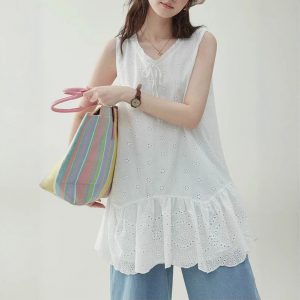 "Original" white small flower pure cotton collar vest dress for women's summer sleeveless lace skirt