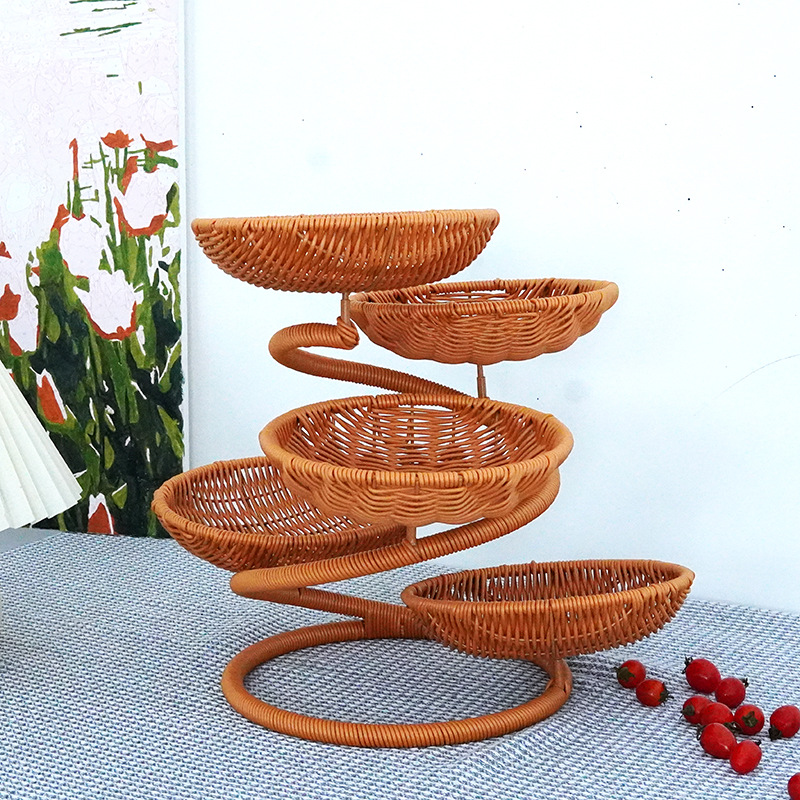 Imitation rattan weaving pine fruit rack light luxury living room tea table snack candy tray multi-layer storage rack