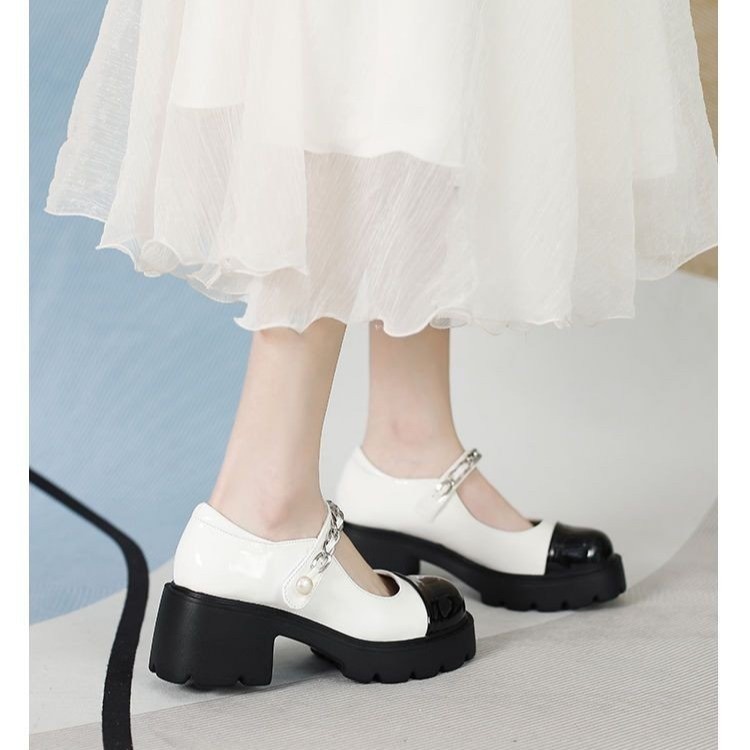 Small fragrant style thick sole Mary Jane shoes small leather shoes spring and autumn year one-button color-blocking thick heel single shoes for women