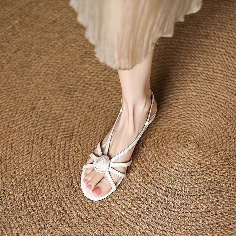 French beautiful fairy flower open-toed sandals for women in summer with skirt with one-button thick heels