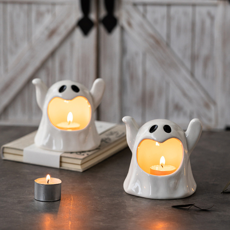 Cute ghost white ceramic candlestick craft Halloween atmosphere decoration small ornaments