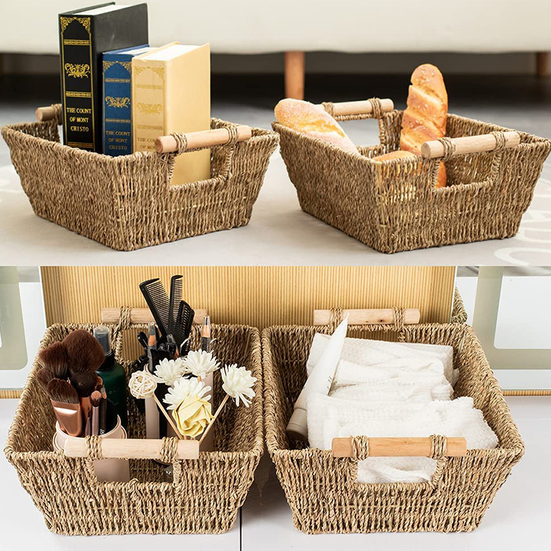 Straw storage basket desktop cosmetics storage basket square toy snack storage basket seaweed weaving