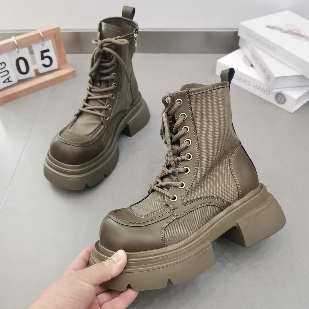 Martin boots for women in autumn and winter doll toe sponge cake bottom small short boots tied work boots motorcycle boots
