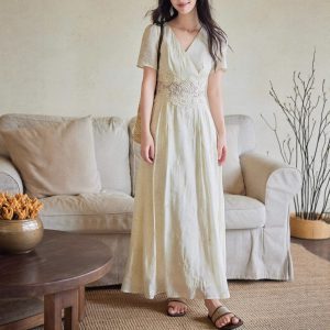Eryang Design [Nanxi] Tiansi embroidered hollow lace splicing dress for women French retro style long skirt
