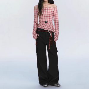 Golden Snake New Early Spring One-Linged Hot Girl Long Sleeve Red Checkered Small Shirt Women