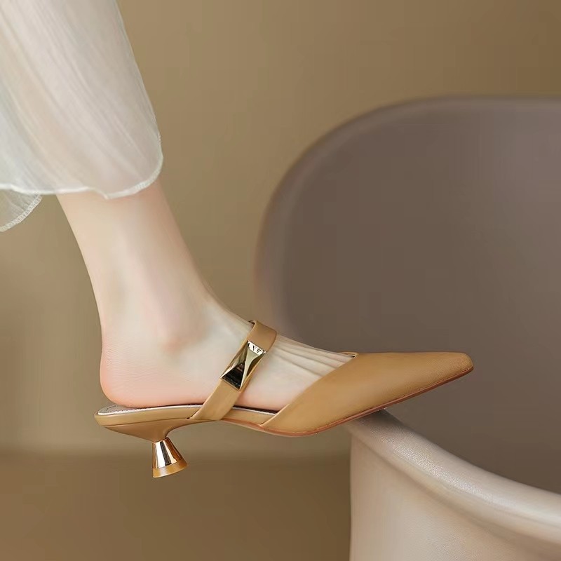Baotou half slippers for women with thin heels wearing summer soft leather pointed mules high heels simple sandals