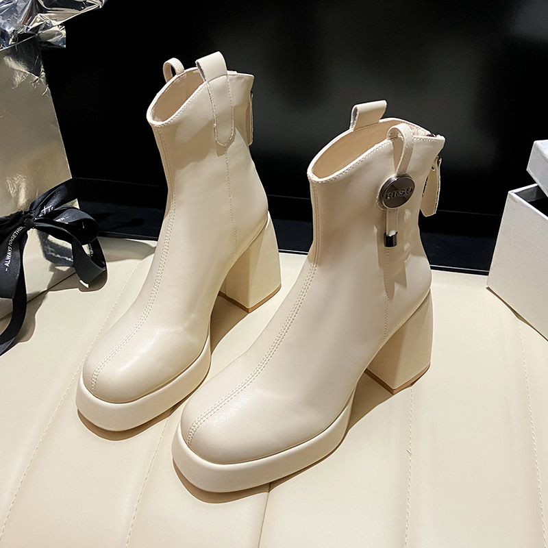 French high-heeled short boots for women in autumn and winter fashion thick heel waterproof platform small height-enhancing slim Martin boots