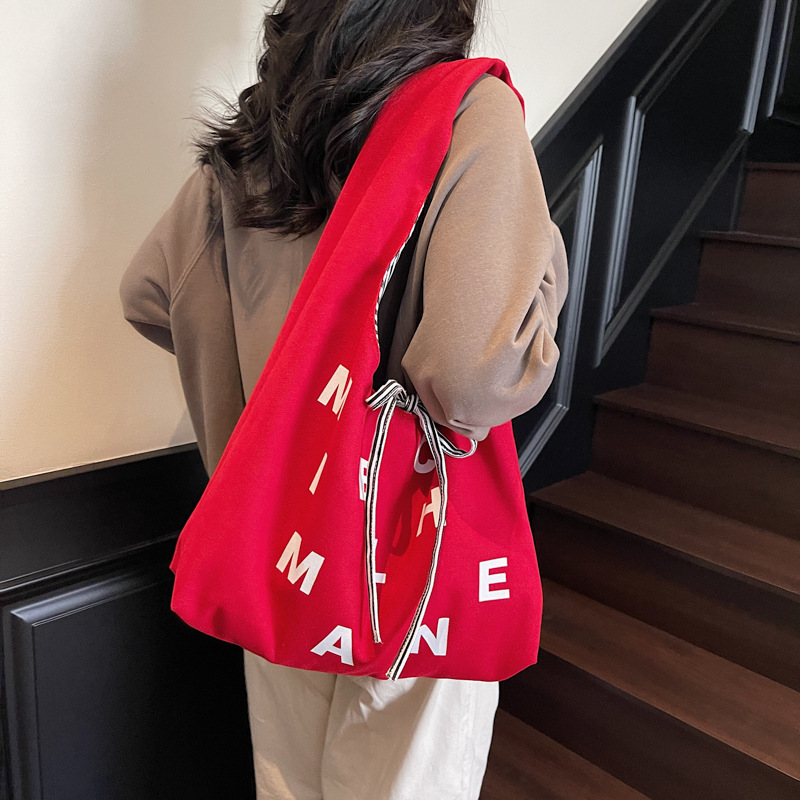 Large capacity Tote front and back double-sided striped casual one-shoulder texture embroidered canvas bag student commuting