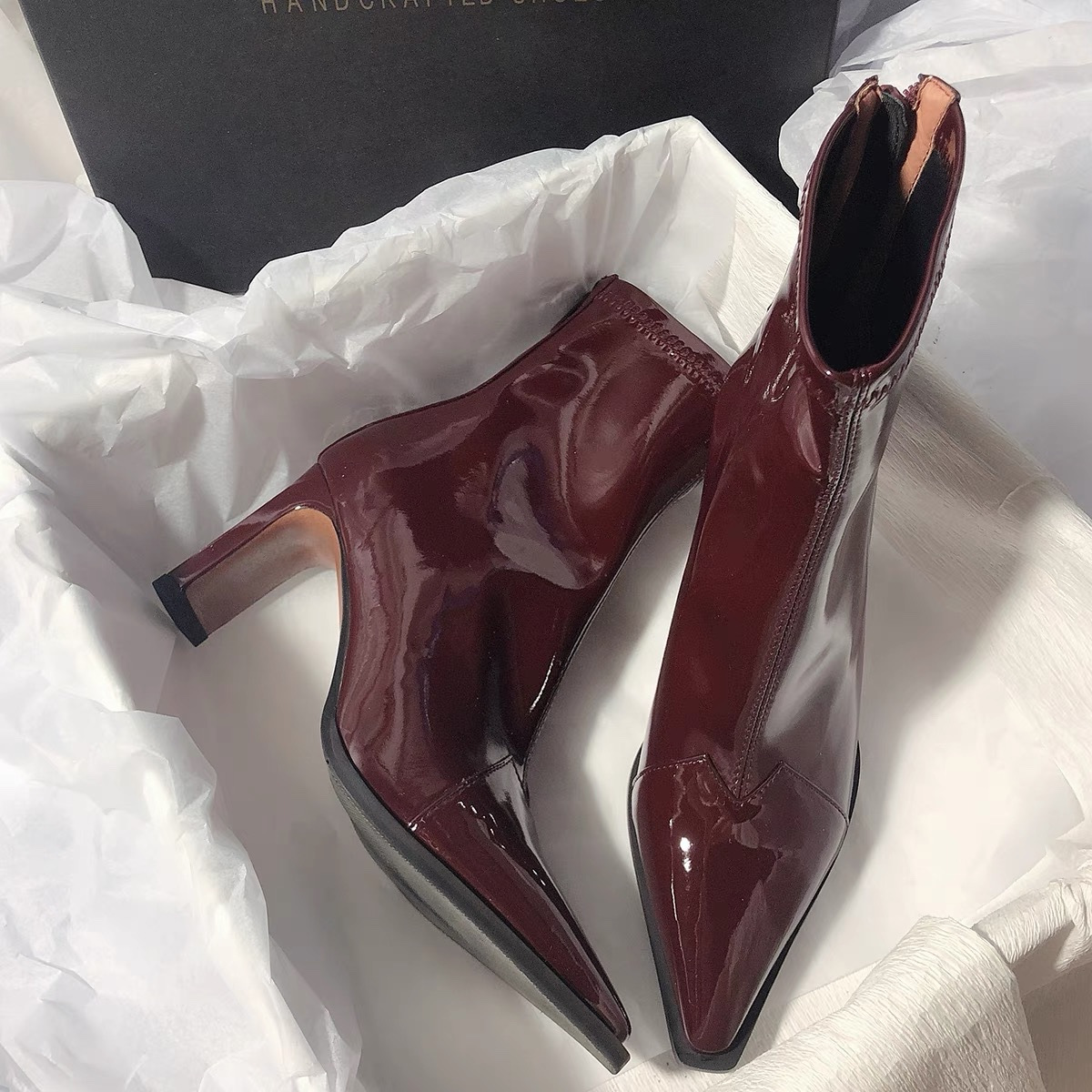 High-heeled pointed toe short boots Year autumn and winter thin heel spliced ​​nude boots thin boots retro brown short boots