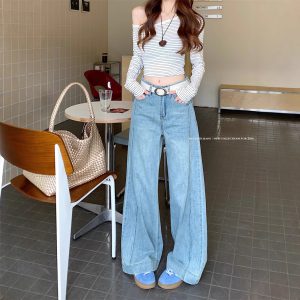 Real shot~Retro light-colored wide-leg jeans for women with high waist slim flip trousers